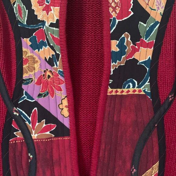 Koos of Course Cardigan Medium Silk Blend  Red Appliqued Mandarin Collar Artsy - Picture 4 of 14